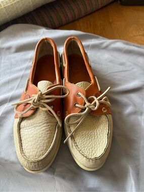 Dooney & Bourke Two-Tone Leather Boat Shoes in Cream and tanish brown